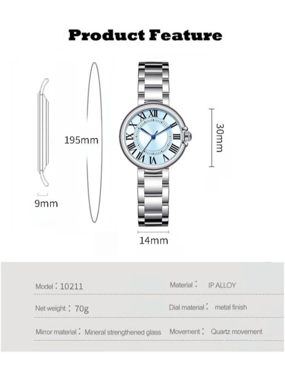 Women's Silver-Blue Classic Vintage Roman Numerals Dial Stainless Steel Watch